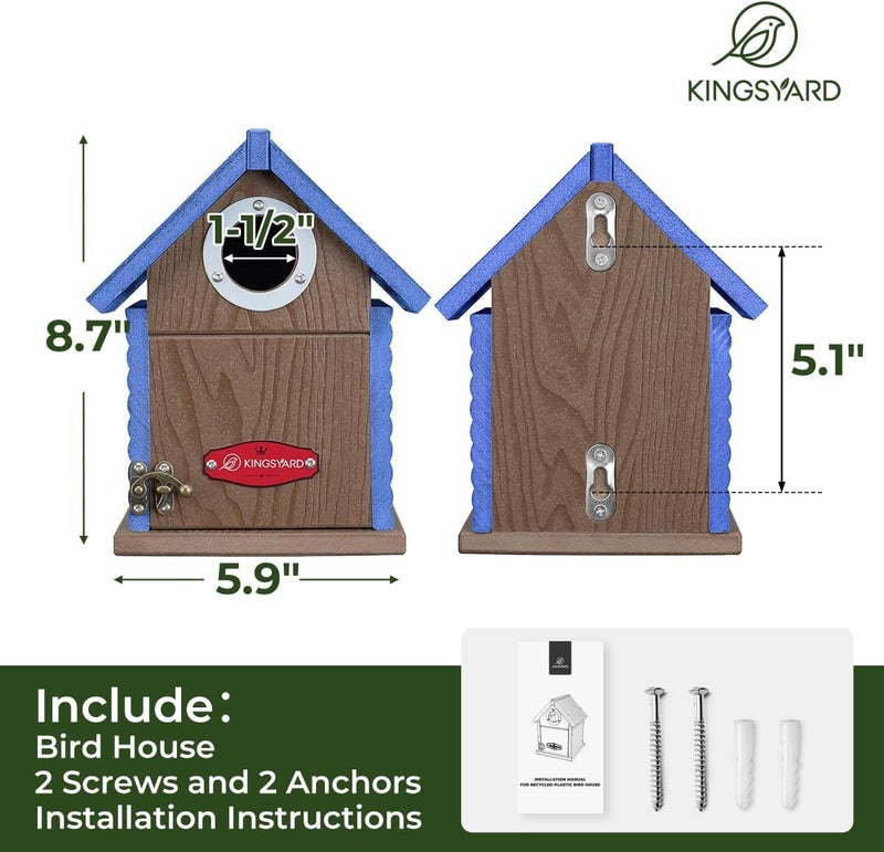Kingsyard Recycled Plastic Bird House for Outdoors - Weatherproof Nesting Box with Clear View Panel & Predator Guard for Bluebird Wren Swallow Finch, Blue - Image 2